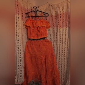 Orange And Pink Floral Skirt And Top Set